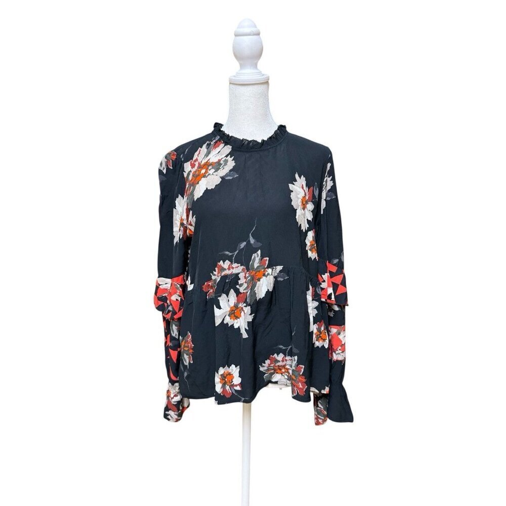 Joie Black Floral Ruffle Sleeve Blouse Women’s Medium Peplum Top